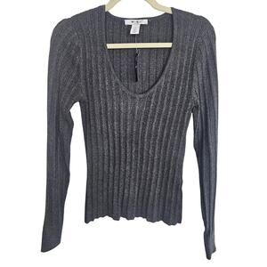 NWT White House Black Market Gray Scoop Neck Ribbed Sweater Women M Lightweight